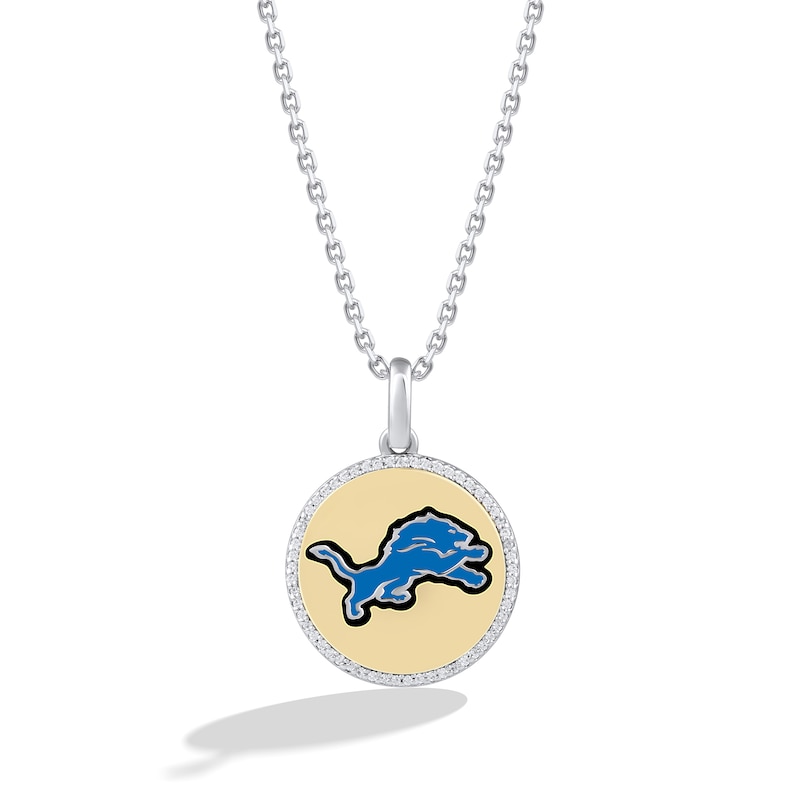 True Fans Detroit Lions 1/10 CT. T.W. Diamond Enamel Disc Necklace in Sterling Silver and 10K Yellow Gold