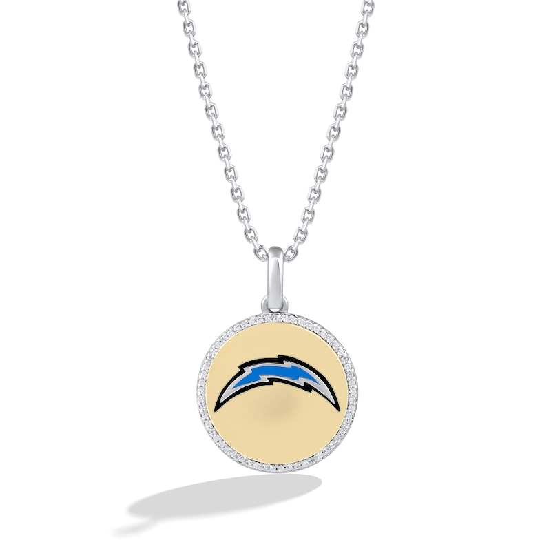 True Fans Los Angeles Chargers 1/10 CT. T.W. Diamond Enamel Disc Necklace in Sterling Silver and 10K Yellow Gold