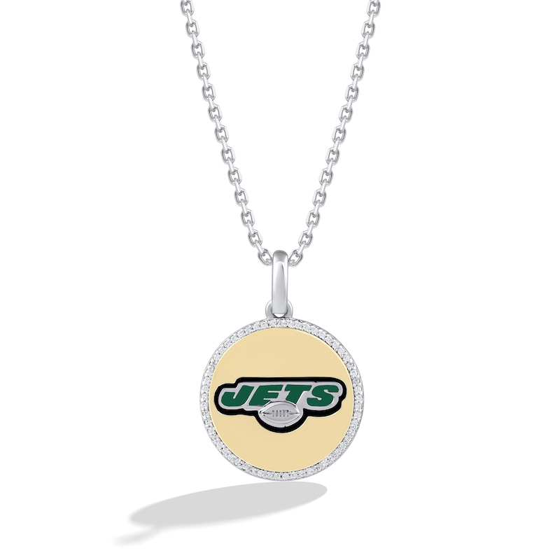True Fans New York Jets 1/10 CT. T.W. Diamond Enamel Disc Necklace in Sterling Silver and 10K Yellow Gold