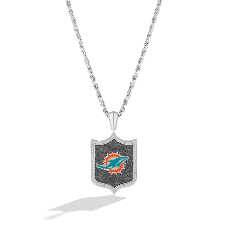 Main Image 1 of True Fans Miami Dolphins 1/5 CT. T.W. Diamond and Enamel Reversible Shield Necklace in Sterling Silver