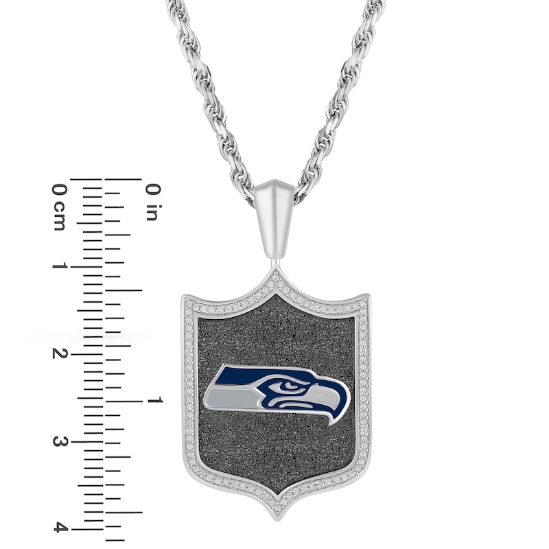 Main Image 3 of True Fans Seattle Seahawks 1/5 CT. T.W. Diamond and Enamel Reversible Shield Necklace in Sterling Silver