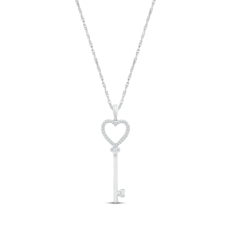 Main Image 1 of Round-Cut Diamond Heart & Key Necklace 1/10 ct tw Sterling Silver 18”