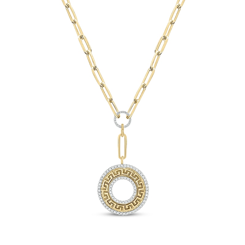 Main Image 1 of Round-Cut Diamond Greek Key Disc Paperclip Chain Y-Drop Necklace 1/2 ct tw 10K Yellow Gold 18”