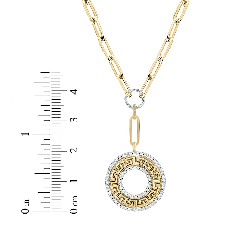 Main Image 2 of Round-Cut Diamond Greek Key Disc Paperclip Chain Y-Drop Necklace 1/2 ct tw 10K Yellow Gold 18”