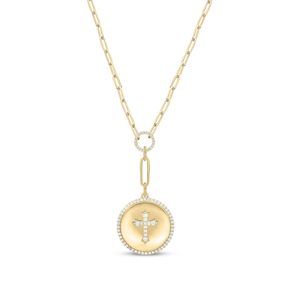 Round-Cut Diamond Cross Disc Paperclip Chain Y-Drop Necklace 1/2 ct tw 10K Yellow Gold 18”