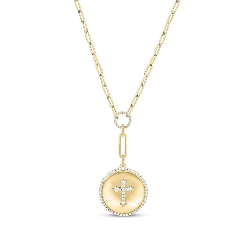 Main Image 1 of Round-Cut Diamond Cross Disc Paperclip Chain Y-Drop Necklace 1/2 ct tw 10K Yellow Gold 18”