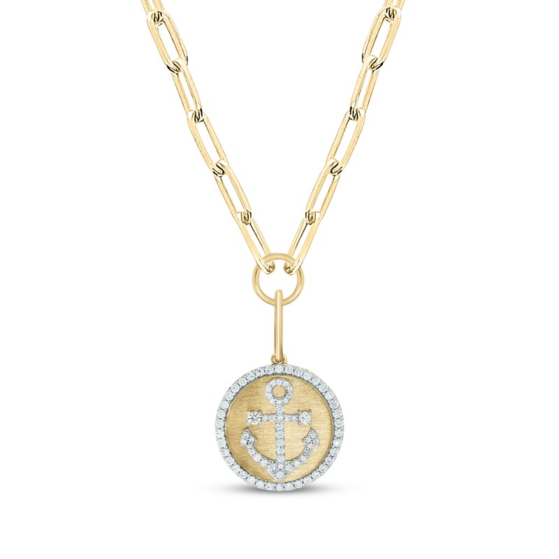 Main Image 1 of Round-Cut Diamond Anchor Disc Paperclip Chain Y-Drop Necklace 3/4 ct tw 10K Yellow Gold 18”