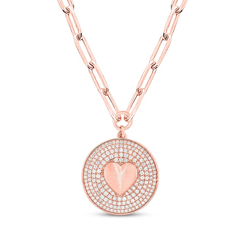 Main Image 1 of Round-Cut Diamond Heart Disc Paperclip Chain Y-Drop Necklace 1 ct tw 10K Rose Gold 18”