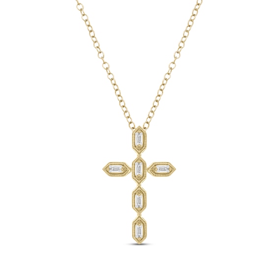Vintage-Style Baguette-Cut Diamond Cross Necklace 1/10 ct tw 10K Yellow Gold 18"
