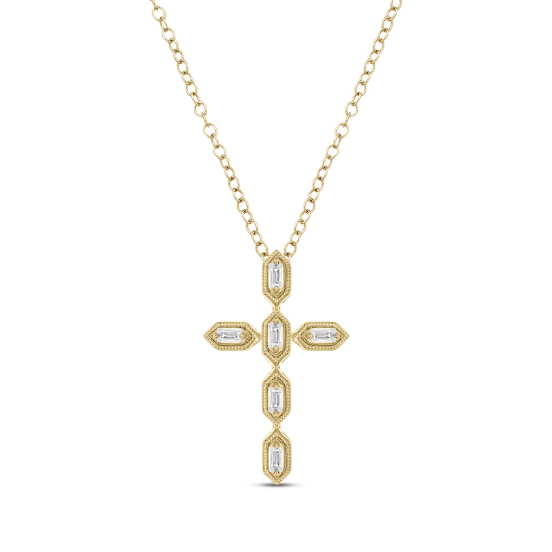 Main Image 1 of Vintage-Style Baguette-Cut Diamond Cross Necklace 1/10 ct tw 10K Yellow Gold 18&quot;