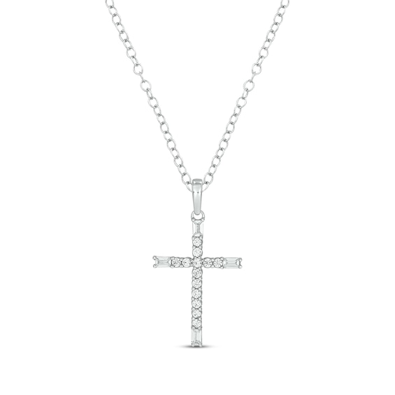 Baguette & Round-Cut Diamond Cross Necklace 1/5 ct tw 10K White Gold 18"