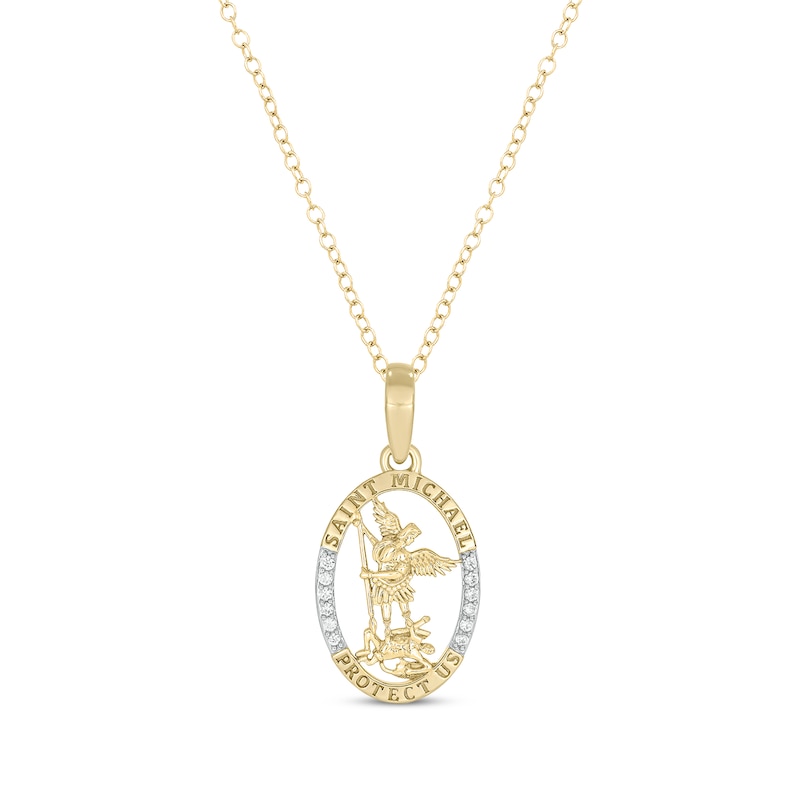 Main Image 1 of Round-Cut Diamond Saint Michael Oval Necklace 1/6 ct tw 10K Yellow Gold 18"