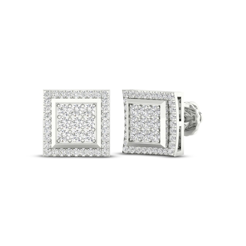 Main Image 1 of Men's Multi-Diamond Square Curved Stud Earrings 1/2 ct tw 10K White Gold