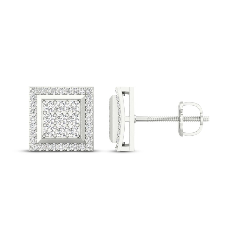 Main Image 3 of Men's Multi-Diamond Square Curved Stud Earrings 1/2 ct tw 10K White Gold