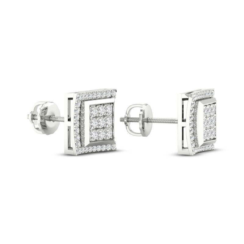 Main Image 4 of Men's Multi-Diamond Square Curved Stud Earrings 1/2 ct tw 10K White Gold