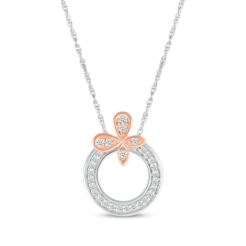 Diamond Butterfly Circle Necklace 1/8 ct tw Sterling Silver & 10K Rose Gold 18"