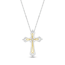Diamond Tapered Cross 1/8 ct tw Sterling Silver & 10K Yellow Gold 18"