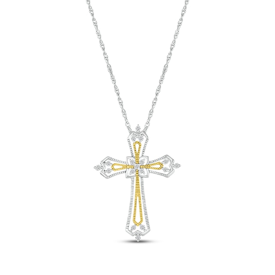 Diamond Tapered Cross 1/8 ct tw Sterling Silver & 10K Yellow Gold 18"