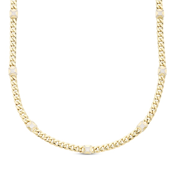 Men's Diamond Station Solid Cuban Curb Chain Necklace 1/2 ct tw 10K Yellow Gold 20"