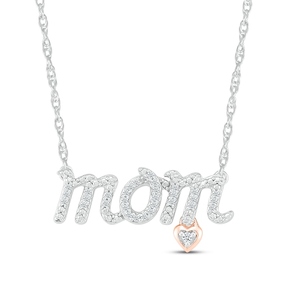 Diamond "Mom" Heart Dangle Necklace 1/10 ct tw Sterling Silver & 10K Rose Gold