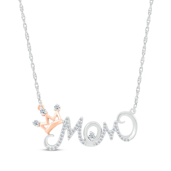 Diamond "Mom" Crown Necklace 1/5 ct tw Sterling Silver & 10K Rose Gold 18"