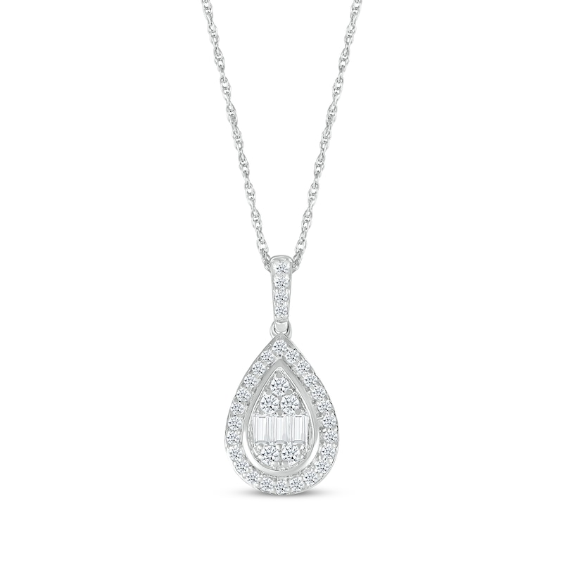 Main Image 1 of Baguette & Round-Cut Multi-Diamond Teardrop Pendant 1/4 ct tw Sterling Silver 18&quot;