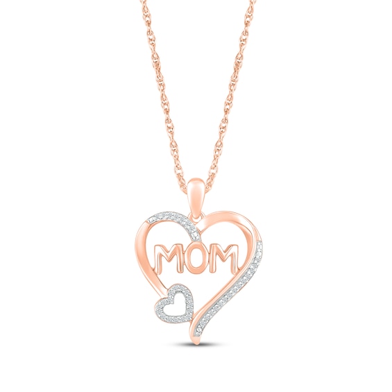 Diamond "Mom" Double Heart Necklace 1/10 ct tw 10K Rose Gold 18"