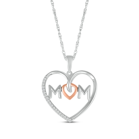 Diamond "Mom" Heart Necklace 1/15 ct tw Sterling Silver & 10K Rose Gold 18"