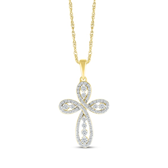 Diamond Twist Swirl Cross Necklace 1/2 ct tw 10K Yellow Gold 18"