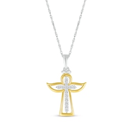 Diamond Angel Cross Necklace 1/10 ct tw Sterling Silver & 10K Yellow Gold 18"