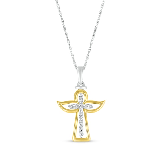 Diamond Angel Cross Necklace 1/10 ct tw Sterling Silver & 10K Yellow Gold 18"