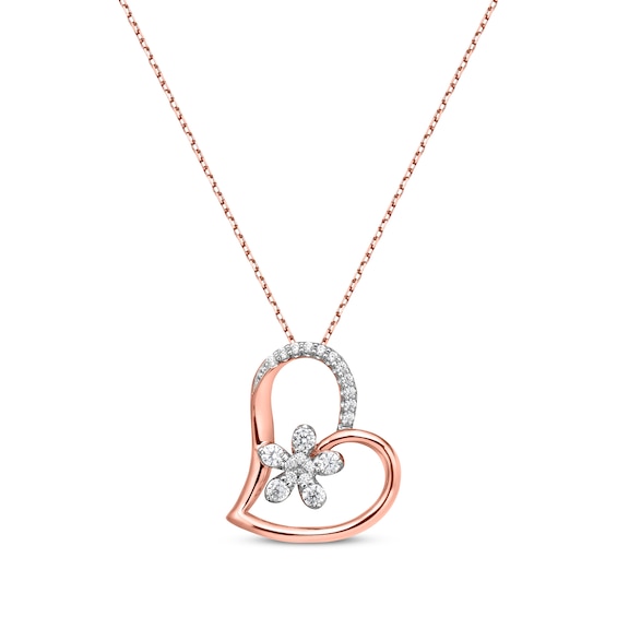 Diamond Flower Tilted Heart Necklace 1/4 ct tw 10K Rose Gold 18"