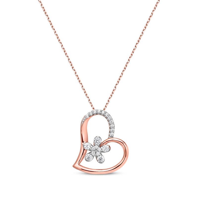 Main Image 1 of Diamond Flower Tilted Heart Necklace 1/4 ct tw 10K Rose Gold 18&quot;