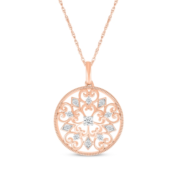 Diamond Filigree Medallion Necklace 1/5 ct tw 10K Rose Gold 18"