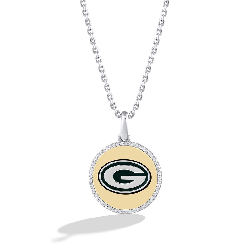 True Fans Green Bay Packers 1/10 CT. T.W. Diamond Enamel Disc Necklace in Sterling Silver and 10K Yellow Gold