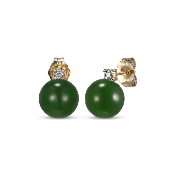 Jade Bead & Diamond Stud Earrings 14K Yellow Gold