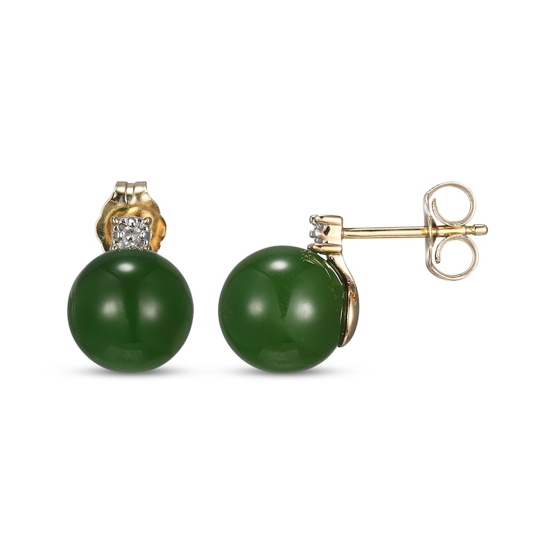 Main Image 3 of Jade Bead & Diamond Stud Earrings 14K Yellow Gold