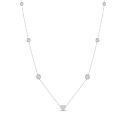 Diamond Halo Heart Center Station Necklace 1/2 ct tw Sterling Silver 18"