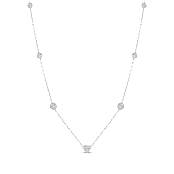 Diamond Halo Heart Center Station Necklace 1/2 ct tw Sterling Silver 18"