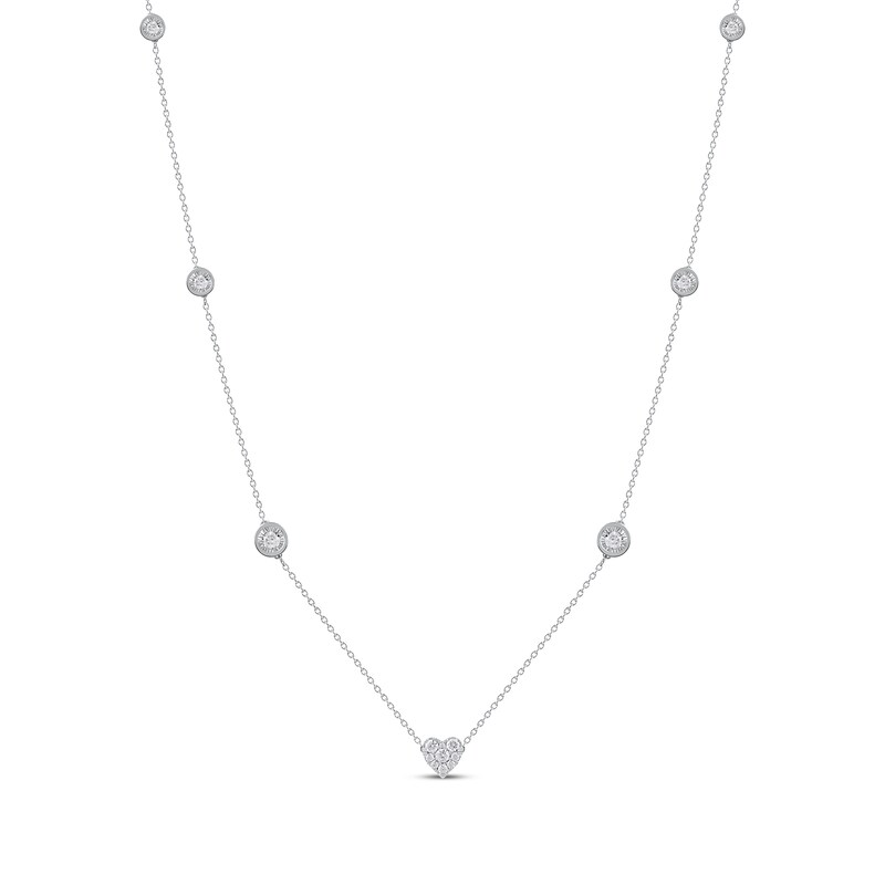 Main Image 1 of Diamond Halo Heart Center Station Necklace 1/2 ct tw Sterling Silver 18"