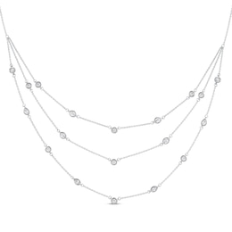 Pear-Shaped and Round-Cut Diamond Station Triple-Layer Necklace 1 ct tw 10K White Gold 16"