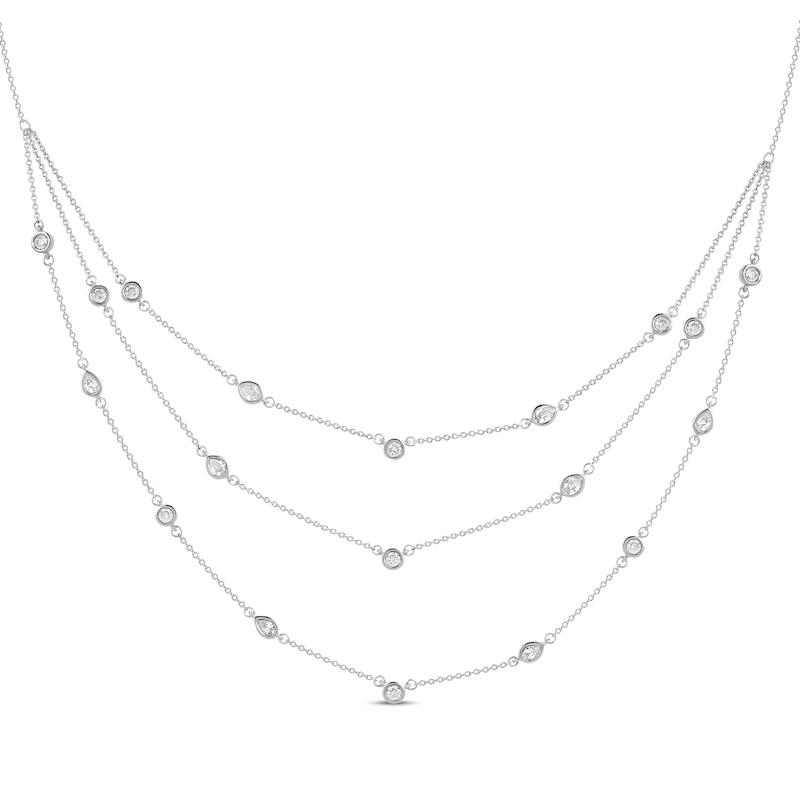 Main Image 1 of Pear-Shaped and Round-Cut Diamond Station Triple-Layer Necklace 1 ct tw 10K White Gold 16&quot;