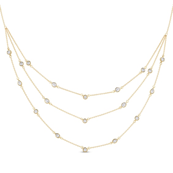 Pear-Shaped and Round-Cut Diamond Station Triple-Layer Necklace 1 ct tw 10K Yellow Gold 16"