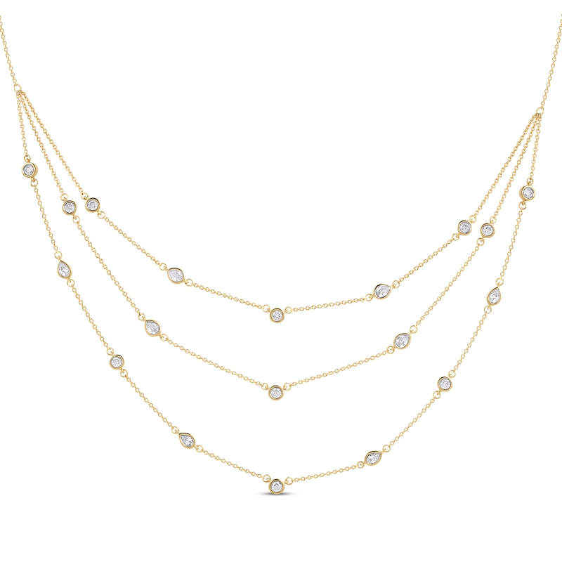 Main Image 1 of Pear-Shaped and Round-Cut Diamond Station Triple-Layer Necklace 1 ct tw 10K Yellow Gold 16&quot;