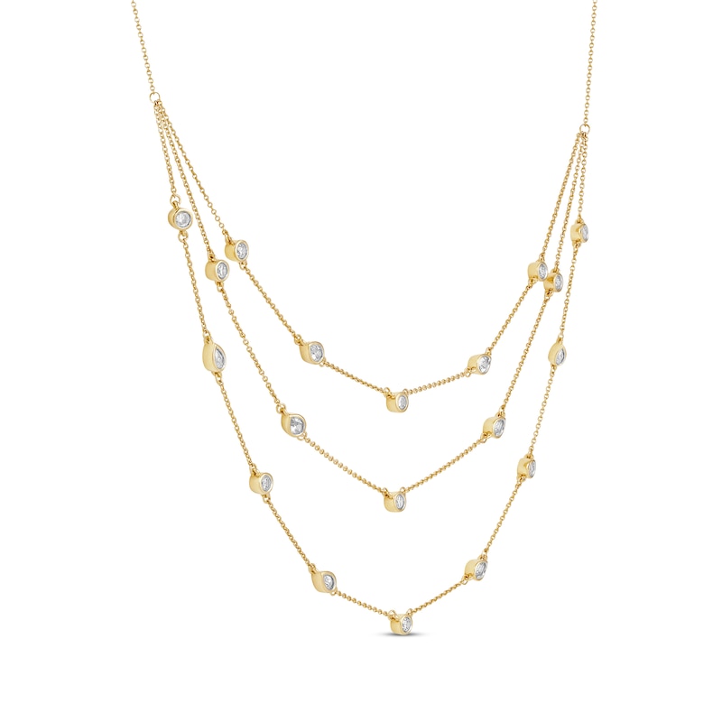 Main Image 2 of Pear-Shaped and Round-Cut Diamond Station Triple-Layer Necklace 1 ct tw 10K Yellow Gold 16&quot;