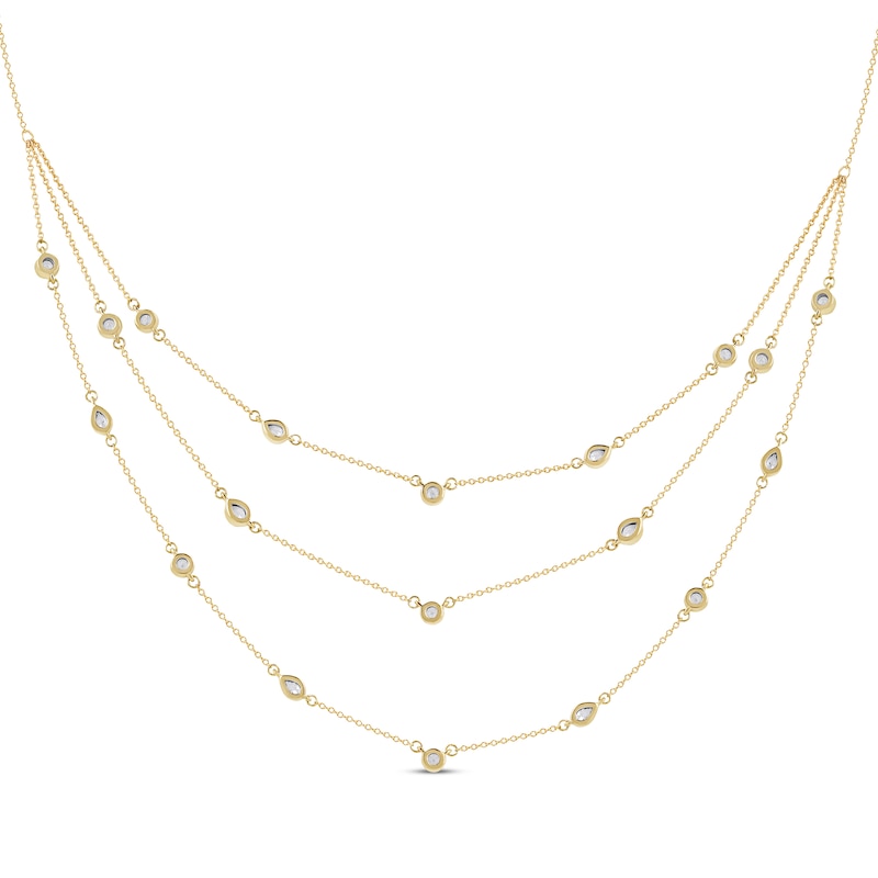 Main Image 3 of Pear-Shaped and Round-Cut Diamond Station Triple-Layer Necklace 1 ct tw 10K Yellow Gold 16&quot;