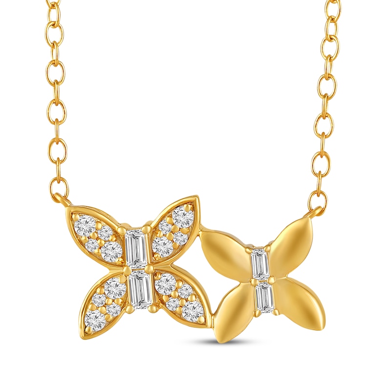 Baguette & Round-Cut Diamond Double Butterfly Necklace 1/5 ct tw 10K Yellow Gold
