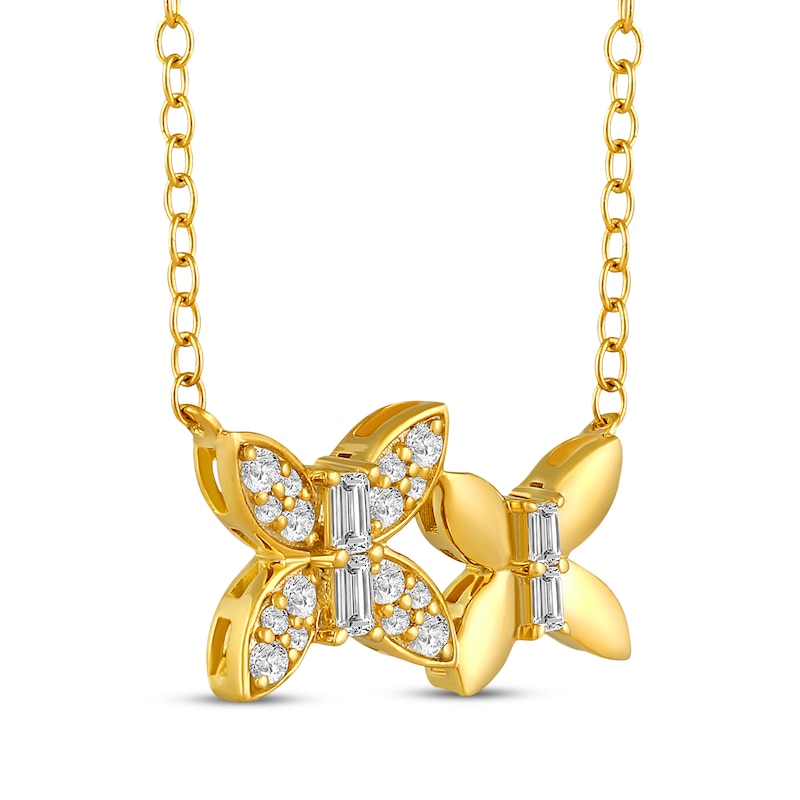 Baguette & Round-Cut Diamond Double Butterfly Necklace 1/5 ct tw 10K Yellow Gold