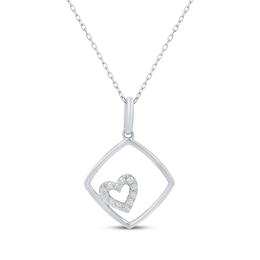 Diamond Heart Cushion Frame Necklace 1/10 ct tw Sterling Silver 18"