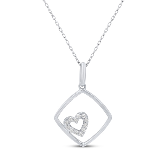 Diamond Heart Cushion Frame Necklace 1/10 ct tw Sterling Silver 18"